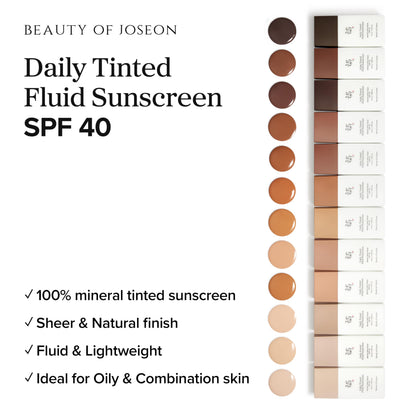 Beauty of Joseon Daily Tinted Fluid Sunscreen 12 Shades for Face Moisturizing Broad Spectrum SPF 40 Korean Skincare 50ml, 1.69 fl.oz