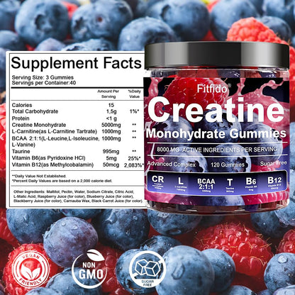 Creatine Monohydrate Gummies Complex 8000mg for Men and Women, Containing L-carnitine & Taurine, Build Muscle, Boost Energy, Faster Recovery, Sugar Free & Vegan