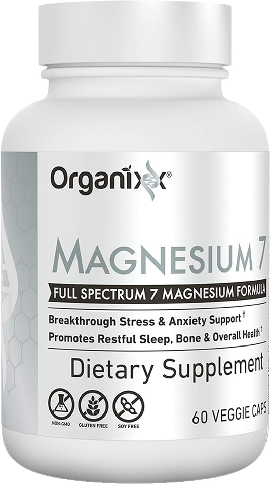 Supplement bottle labeled 'Magnesium 7' by Organixx on a white background