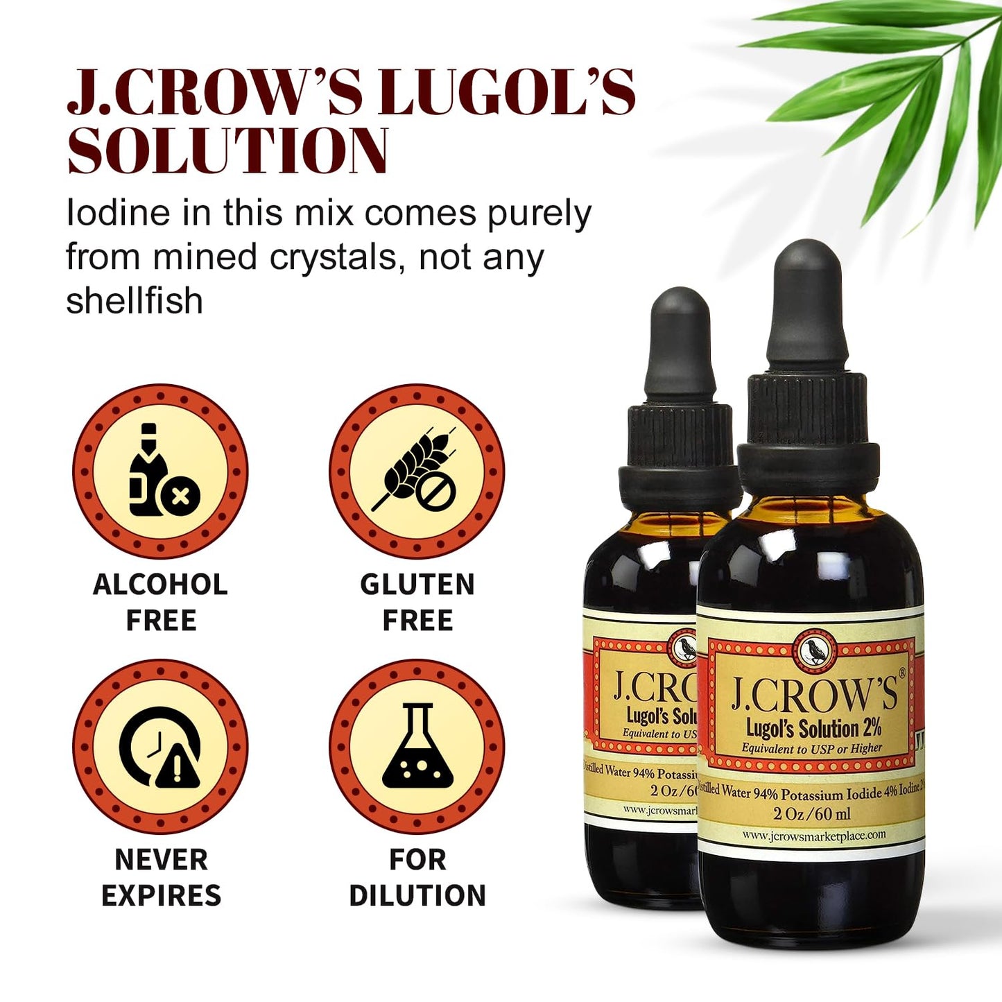 J.CROW'S® Lugol's Solution of Iodine 2% 2 oz (1 Bottle) – Premium Iodine & Potassium Iodide Liquid, Gluten & Alcohol-Free Natural Brine Extract, No Expiration - 1200 Drops J. CROW'S buy supplements Au