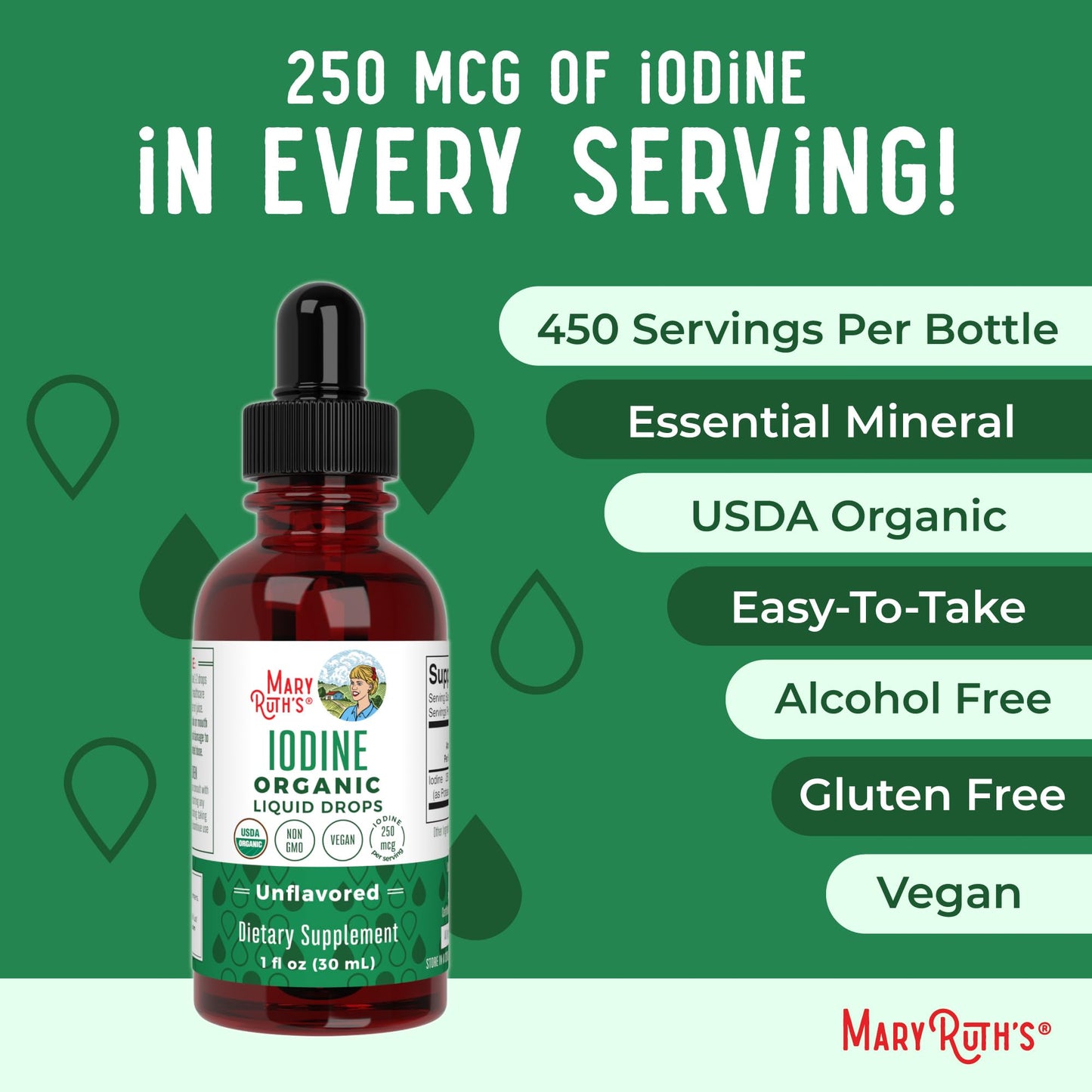 MaryRuth Organics Iodine Liquid Drops | Potassium Iodide | 1 Year Supply | 450 Servings | Thyroid Health | USDA Organic|