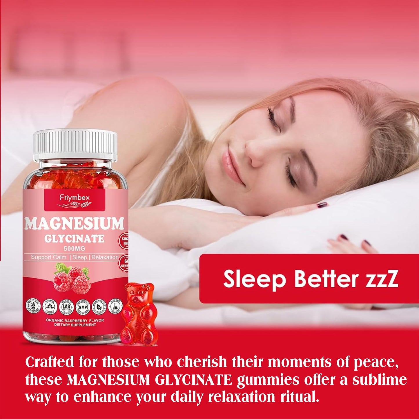 Magnesium Glycinate Gummies 500mg | Relaxation Calm Magnesium Gummies | Sugar-Free | Non-GMO | Gluten-Free | Vegan-Friendly for Adults & Kids (60 Raspberry Gummies) FriymbexBuy Supplements Australia