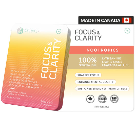 Nootropic supplement packaging with 'Focus & Clarity' text on a white background