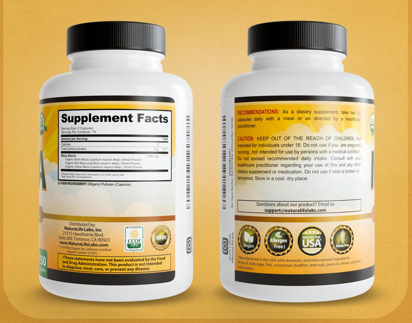 NaturaLife Labs Organic Maca Root – Black, Red & Yellow – 1900 mg per Serving – 150 Capsules – Gelatinized Peruvian Maca