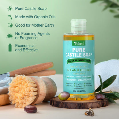 Yoken Pure Castile Liquid Soap Organic (EWG Verified, Unscented, 8 OZ), Made with Organic Oils, No Added Fragrance, Vegan, Castile Soap Liquid for Face