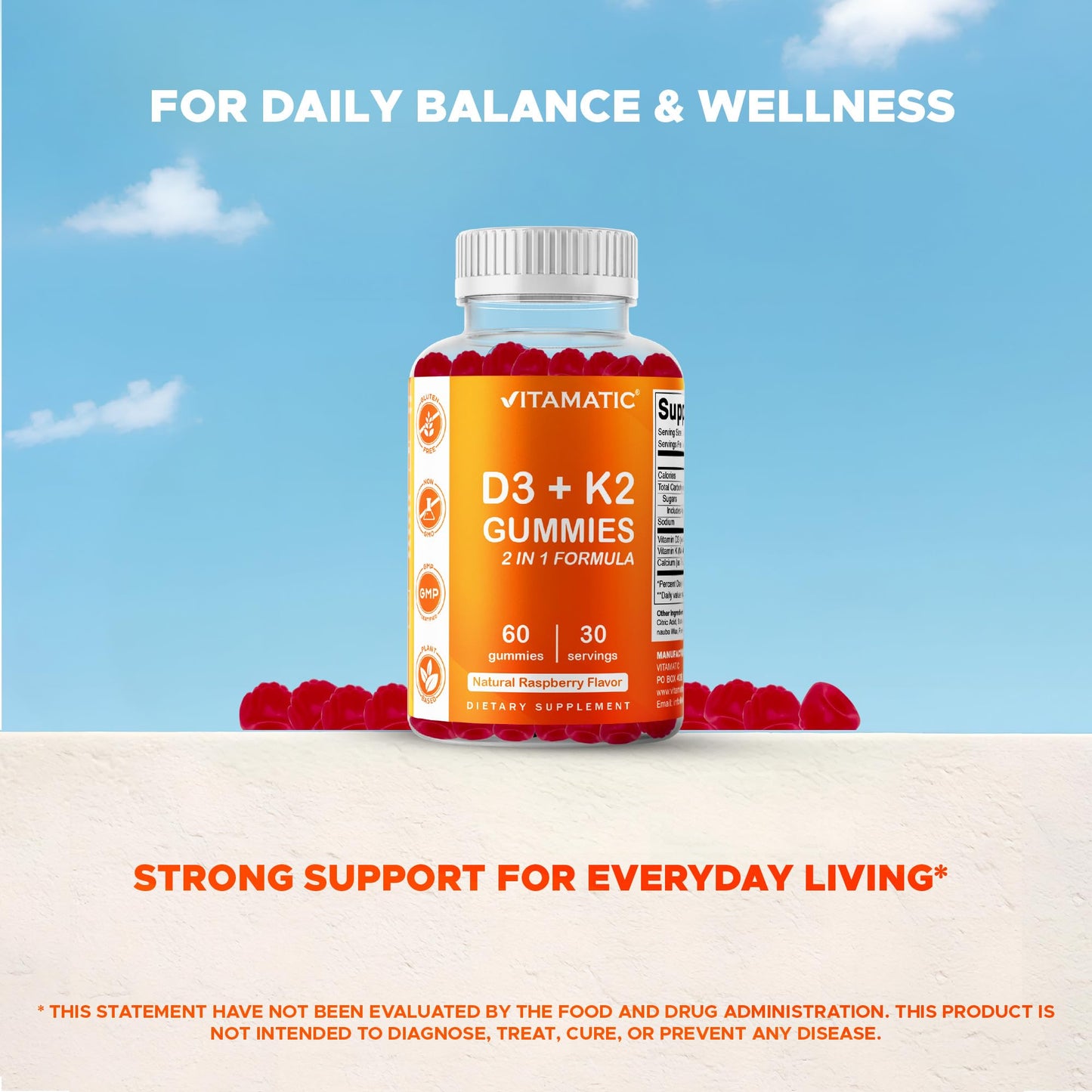 Vitamatic Vitamin D3 & K2 Gummies (2-Pack, 60 Count) Supports Healthy Bones, Heart Health, Calcium Absorption,