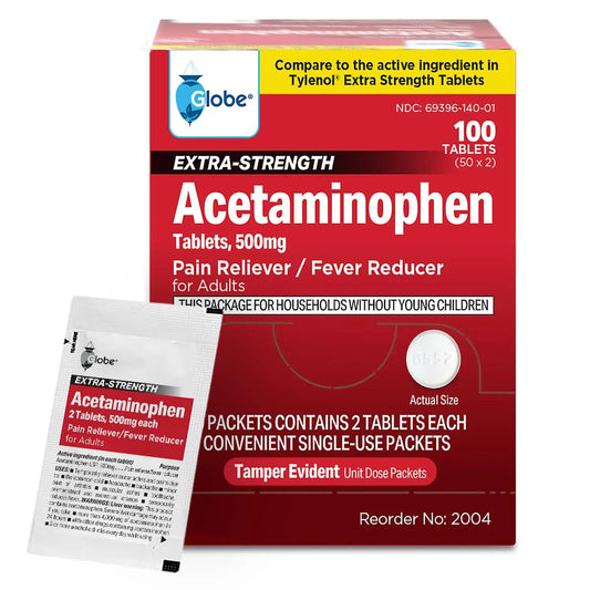 Globe Extra Strength Acetaminophen Tablets 500 mg, Pain Reliever and Fever Reducer, Gentle on Stomach, for Arthritis Pain, Backache Pain and More, 50 Packets of 2 Tablets Each, 100 Count GlobeBuy Supplements Australia