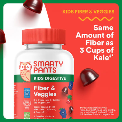 SmartyPants Kids Fiber & Veggies: Prebiotic Fiber Gummies for Kids, Fiber Supplement with Inulin, Organic Green Veggie Blend, Vegan, Gluten Free