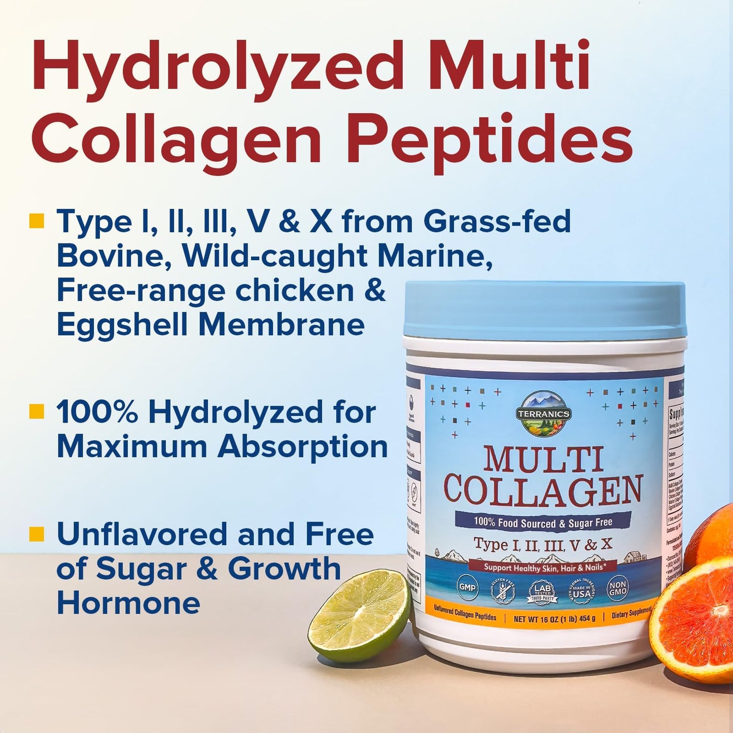 Terranics Multi Collagen Peptides Powder, Type I II III V X Hydrolyzed Collagen for Women+Men, Collagen Supplements, Fast Dissolve