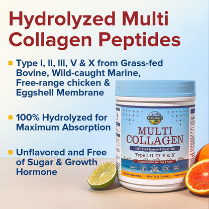 Terranics Multi Collagen Peptides Powder, Type I II III V X Hydrolyzed Collagen for Women+Men, Collagen Supplements, Fast Dissolve