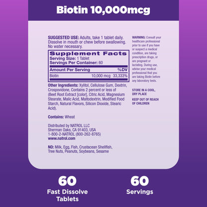 Natrol Biotin 10000mcg, 4X Faster Dissolve Supplement for Healthy Hair, Skin and Nails for Those Low in Biotin, Plus Energy Metabolism Support