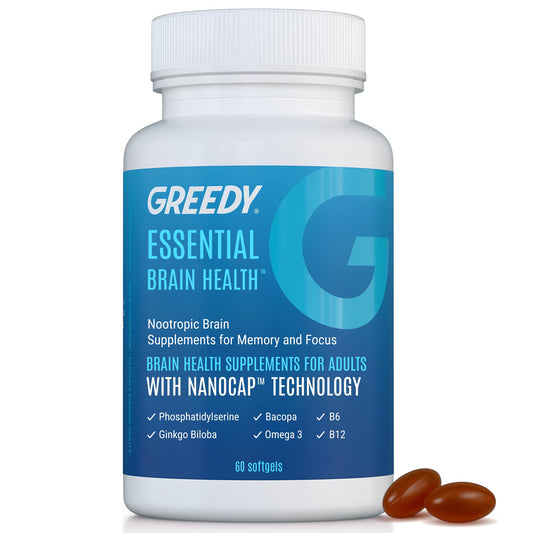 Essential Brain Health Supplements Nootropic for Memory and Focus – for Adults with NanoCap® Technology, Phosphatidylserine, Bacopa, Ginkgo Biloba, Omega 3, B6, B12, 60 Softgels by Greedy® Nutrition Platinum HealthBuy Supplements Australia