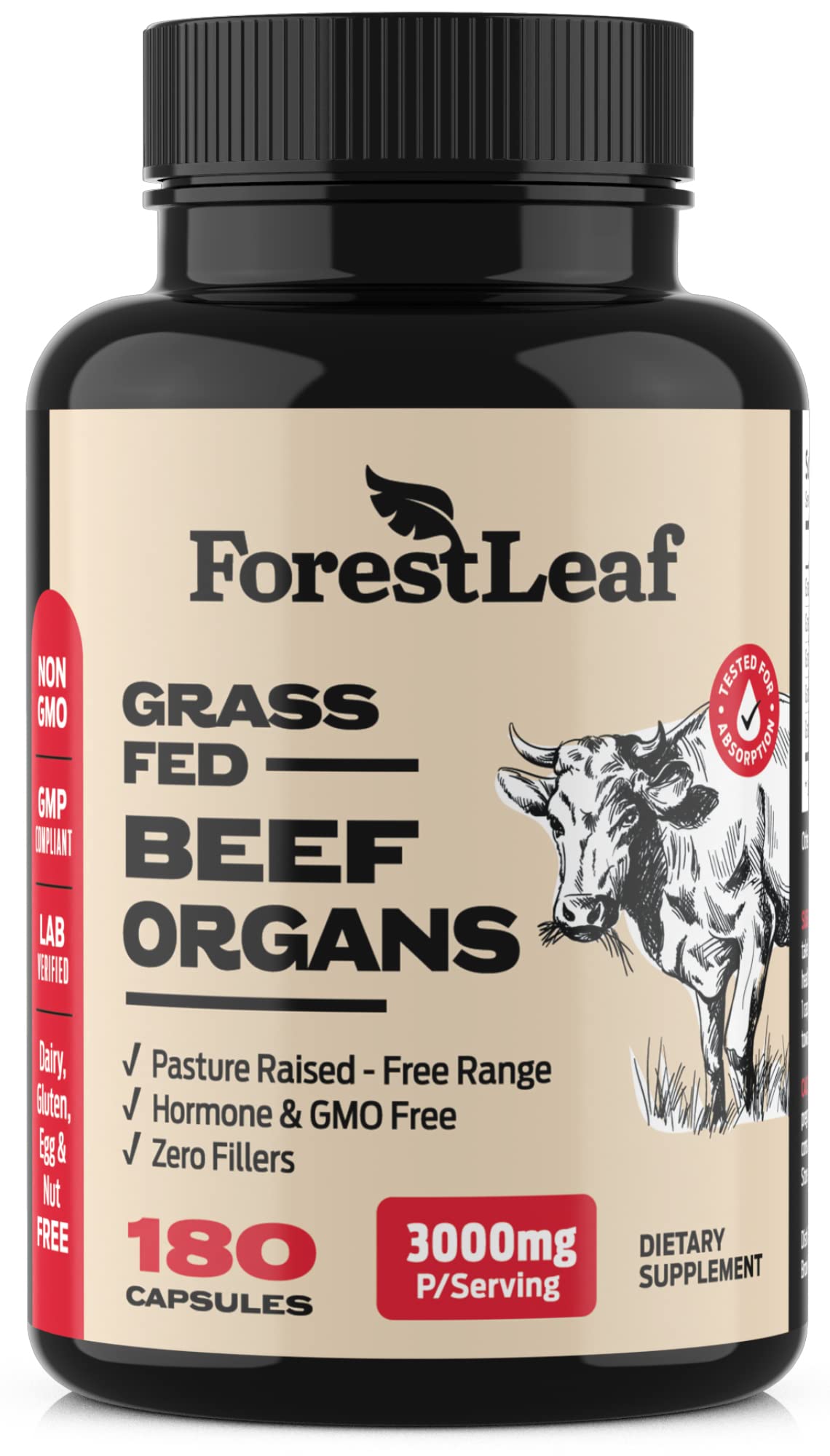 ForestLeaf Beef Organ Supplement - Grass Fed & Pasture Raised - Total Body Wellness & Performance, Organ Complex with 3000mg of Desiccated Beef Liver, Heart, Kidney, Pancreas, Spleen (180 Capsules) ForestLeafBuy Supplements Australia