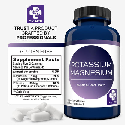 MD. Life Potassium Magnesium Supplement - 90 Capsules - Magnesium Potassium Supplement - High Absorption Complex
