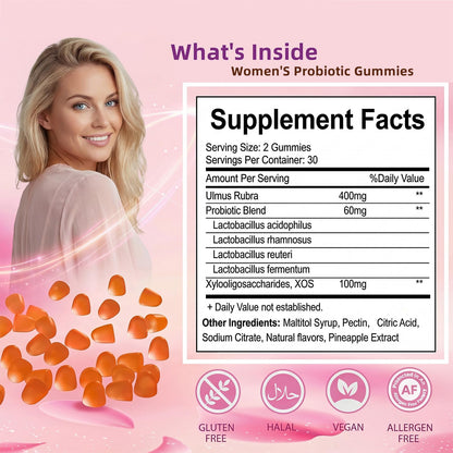 QZQHUA Women's Probiotics Gummies with Slippery Elm – Vaginal Health, Gut Health & pH Balance Support, Pineapple Flavor – Gluten Free, Vegan (30 Servings)（Q2）