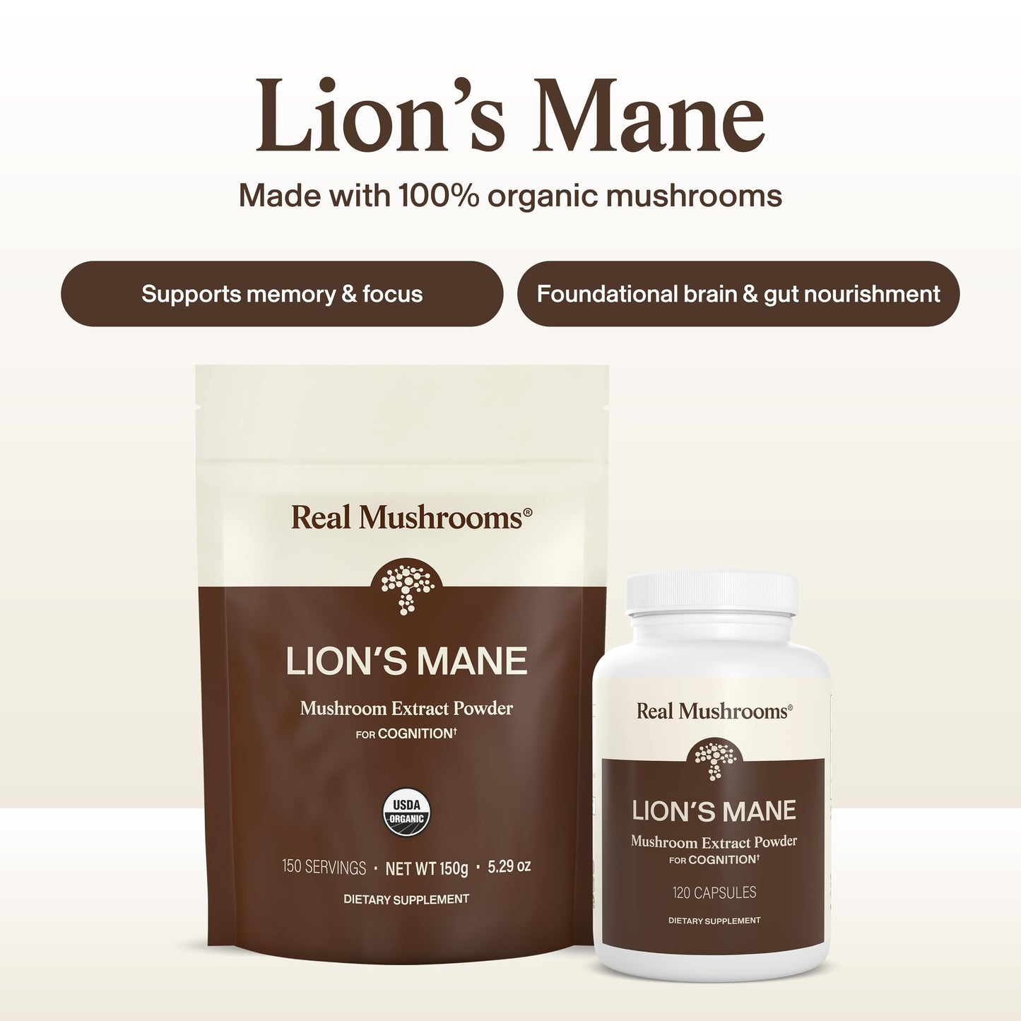 Real Mushrooms Lions Mane Mushroom Cognition (120 Capsules) Lions Mane Mushroom Powder Extract Capsules