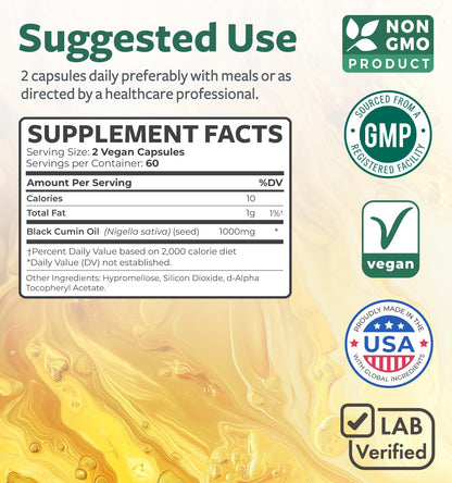 Black Seed Oil - 120 Softgel Capsules Skin Health (Non-GMO & Vegan) Cold-Pressed Nigella Sativa Producing Pure Black Cumin Seed Oil with Vitamin E