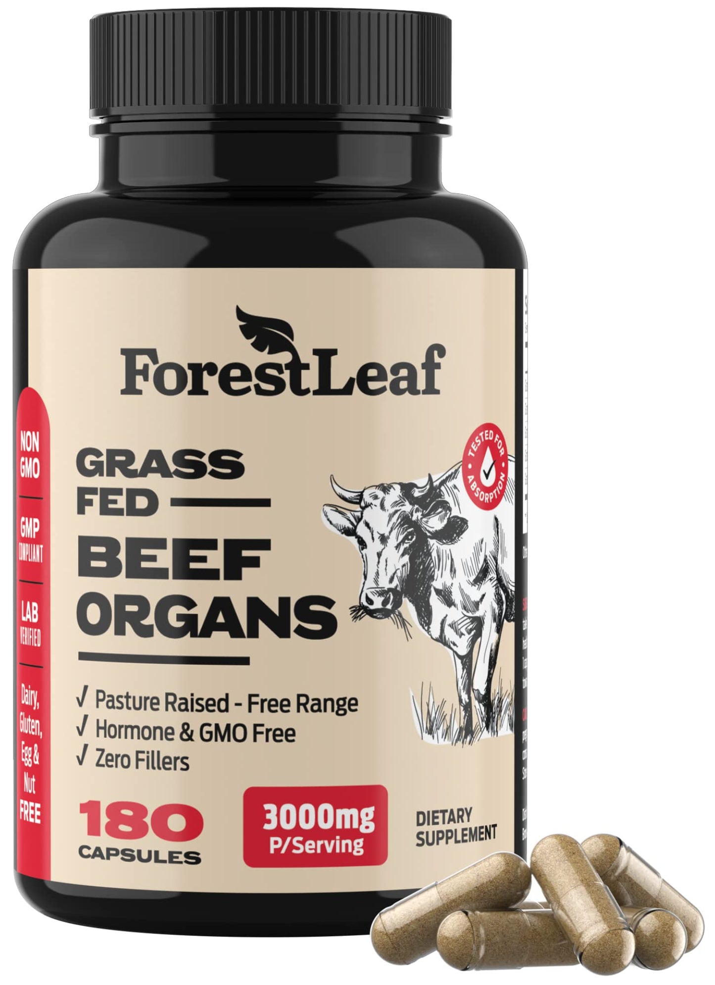 ForestLeaf Beef Organ Supplement - Grass Fed & Pasture Raised - Total Body Wellness & Performance, Organ Complex with 3000mg of Desiccated Beef Liver, Heart, Kidney, Pancreas, Spleen (180 Capsules) ForestLeafBuy Supplements Australia
