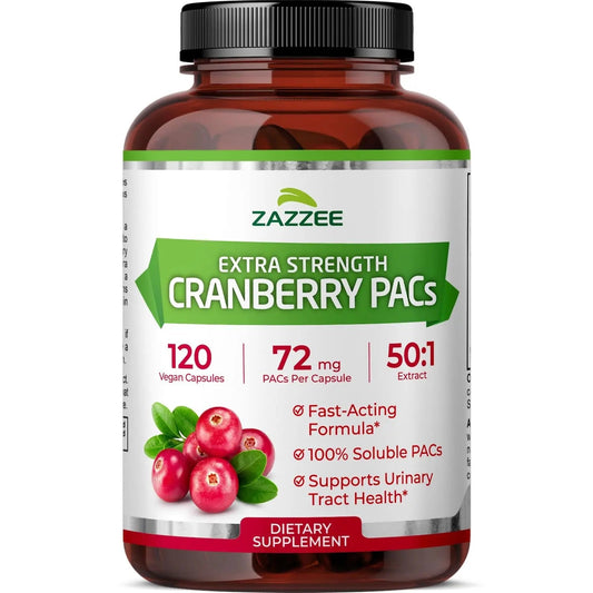 Zazzee Cranberry PACs, 72 mg PACs per Capsule, 2X Strength, 100% Soluble, 120 Vegan Capsules, 50:1 Extract, 18,200 mg Strength, Fast-Acting, Effective Urinary Tract Support, Made in The USA ZazzeeBuy Supplements Australia