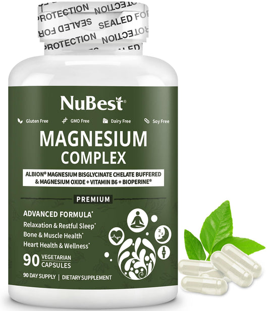 NuBest Magnesium Complex supplement bottle with capsules on a white background