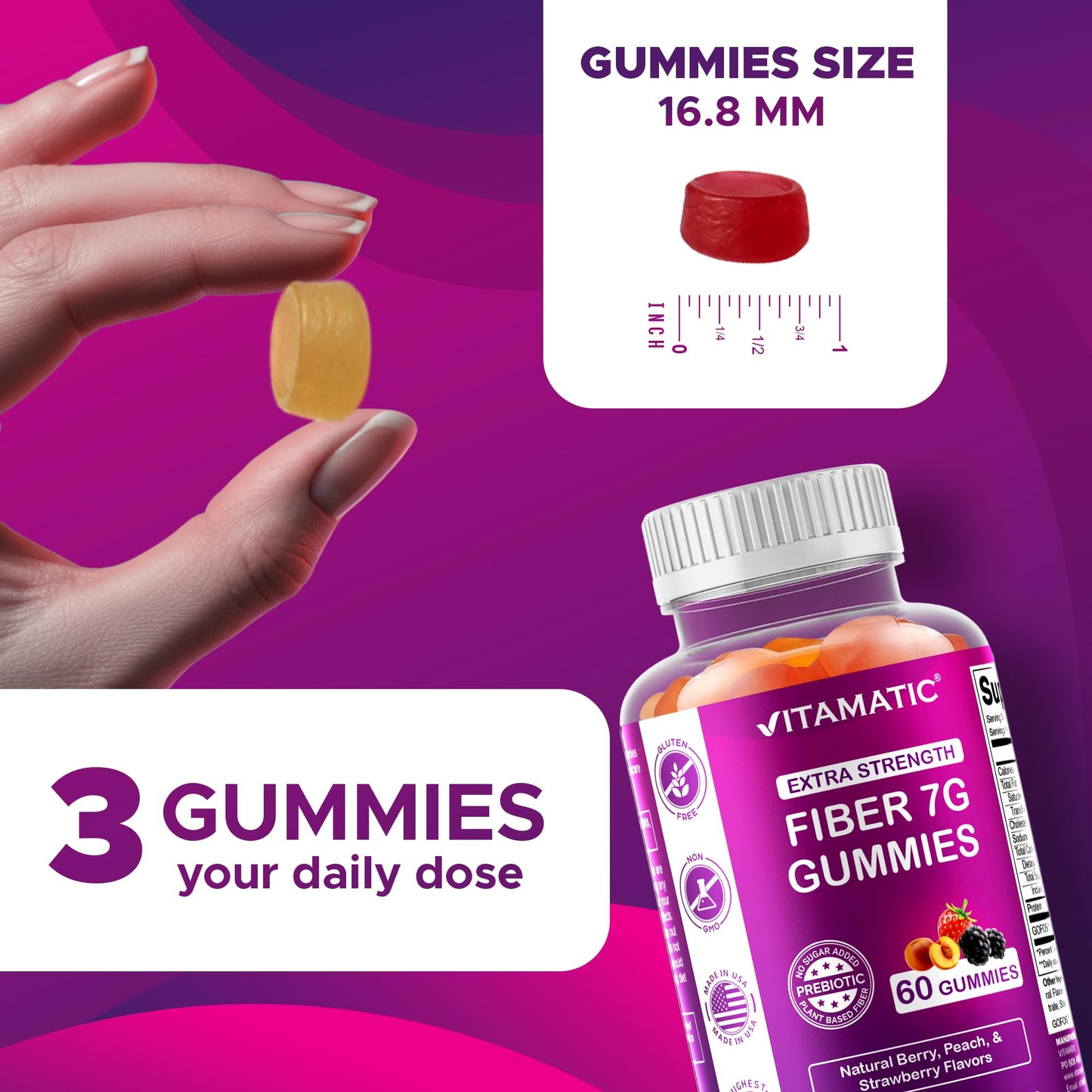 Vitamatic Prebiotic Fiber Gummies for Adults – 2 Pack (Total 120 Gummies) 7g Fiber per Serving | Extra Strength | Zero Sugar Added | Pectin-Based