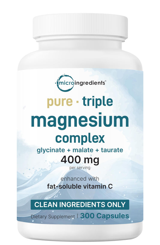 Supplement bottle labeled 'pure triple magnesium complex' on a white background