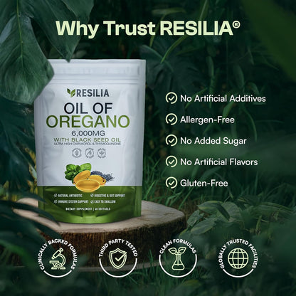 Resilia Softgels with Black Seed Oil 6000mg – Organic Oregano Oil Capsules for Immune & Digestive Support – Non-GMO, Gluten-Free Softgels