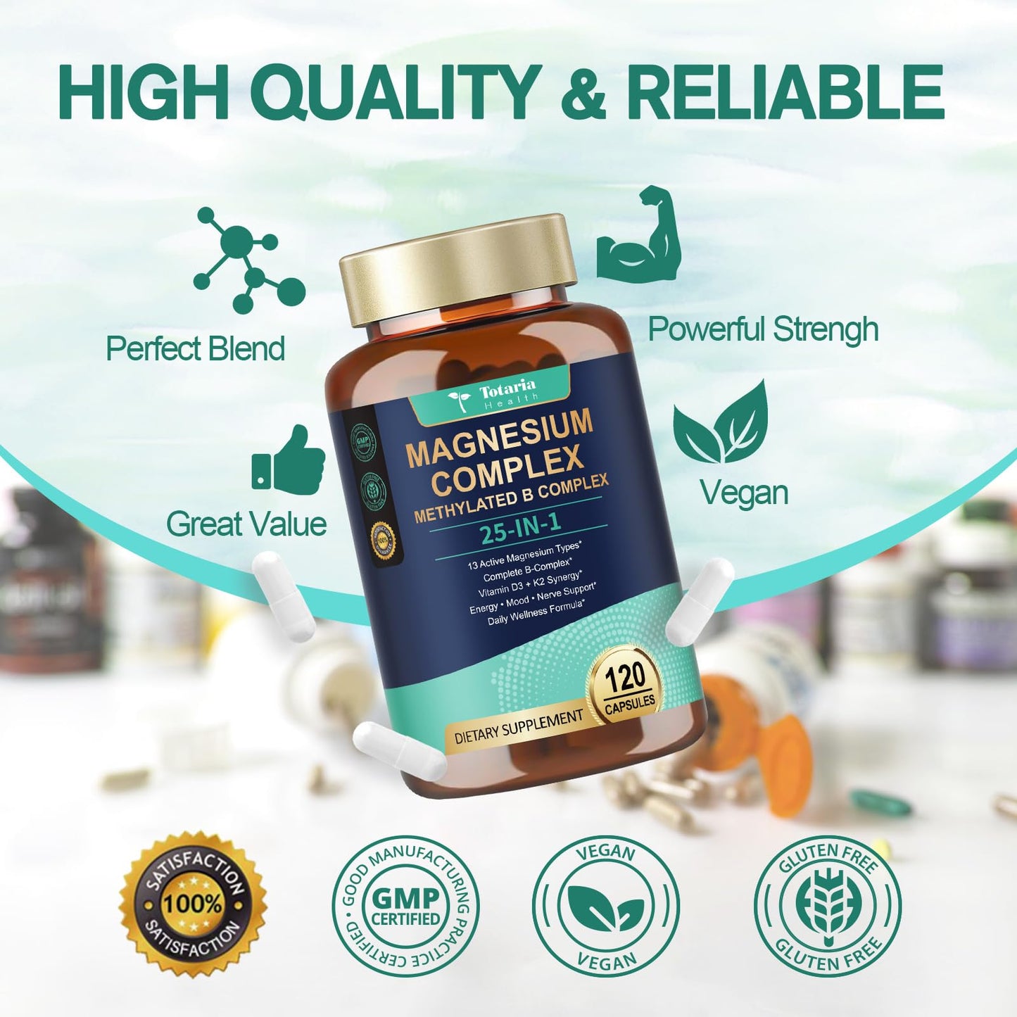25-in-1 Magnesium Complex with Methylated B Complex Magnesium Glycinate Citrate Malate Taurate Gluconate Aspartate Carbonate D3 K2, Magnesium Supplement for Relaxation Energy & Nerve, 120 Vegan Caps Totaria buy supplements Au