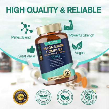 25-in-1 Magnesium Complex with Methylated B Complex Magnesium Glycinate Citrate Malate Taurate Gluconate Aspartate Carbonate D3 K2, Magnesium Supplement for Relaxation Energy & Nerve, 120 Vegan Caps Totaria buy supplements Au