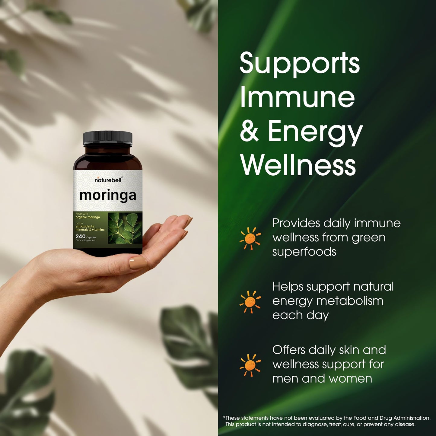 NatureBell Moringa - 240 Capsules - Organic Moringa for Immune, Energy & Skin Health Support - Green Superfood Properties