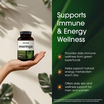 NatureBell Moringa - 240 Capsules - Organic Moringa for Immune, Energy & Skin Health Support - Green Superfood Properties