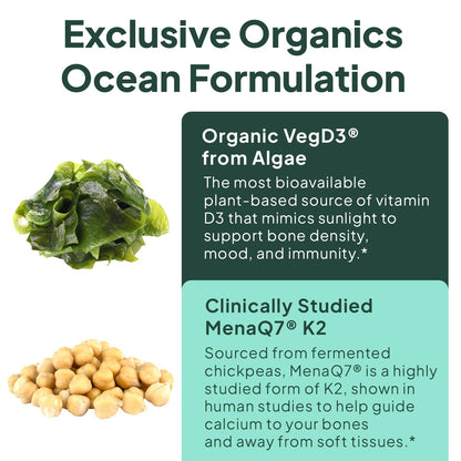 Organics Ocean Better D3 + K2-100% Organic VIT D3 and K2 Supplements with Maximum Bioavailability - Supports Bone Density, Calcium Balance