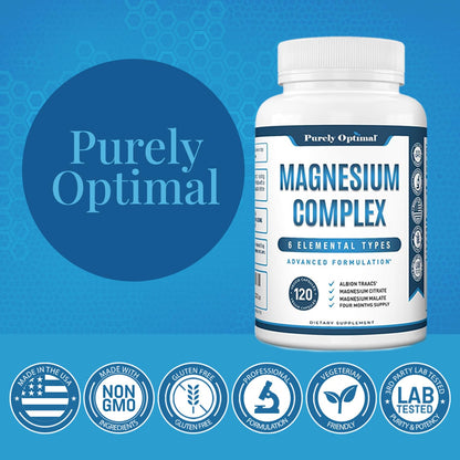Purely Optimal Magnesium Complex - 6 Forms Magnesium Glycinate, Citrate & Malate - Sleep Support, Stress Relief, Muscles, Heart Health & Relaxation - Magnesium Supplement for Women & Men, 120 Caps Purely Optimal buy supplements Au