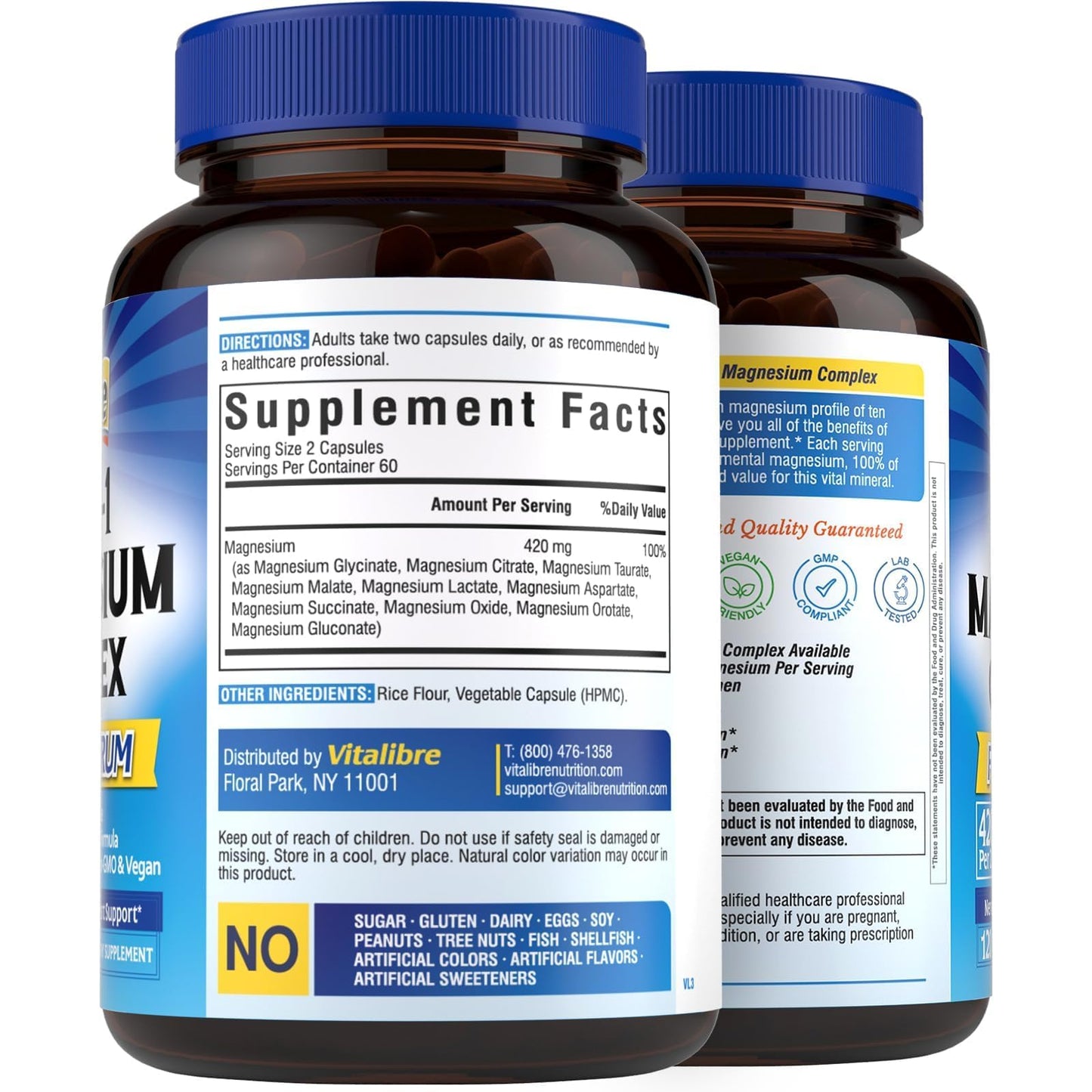 Vitalibre 10 in 1 Magnesium Complex, 420mg Elemental Magnesium | Ultra Strength, Max Absorption | Chelated Magnesium Supplement for Nerves, Bone & Heart Health | Non-GMO, 120 Vegan Capsules VitalibreBuy Supplements Australia