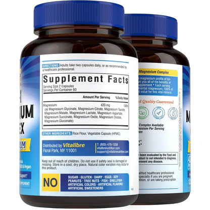 Vitalibre 10 in 1 Magnesium Complex, 420mg Elemental Magnesium | Ultra Strength, Max Absorption | Chelated Magnesium Supplement for Nerves, Bone & Heart Health | Non-GMO, 120 Vegan Capsules VitalibreBuy Supplements Australia