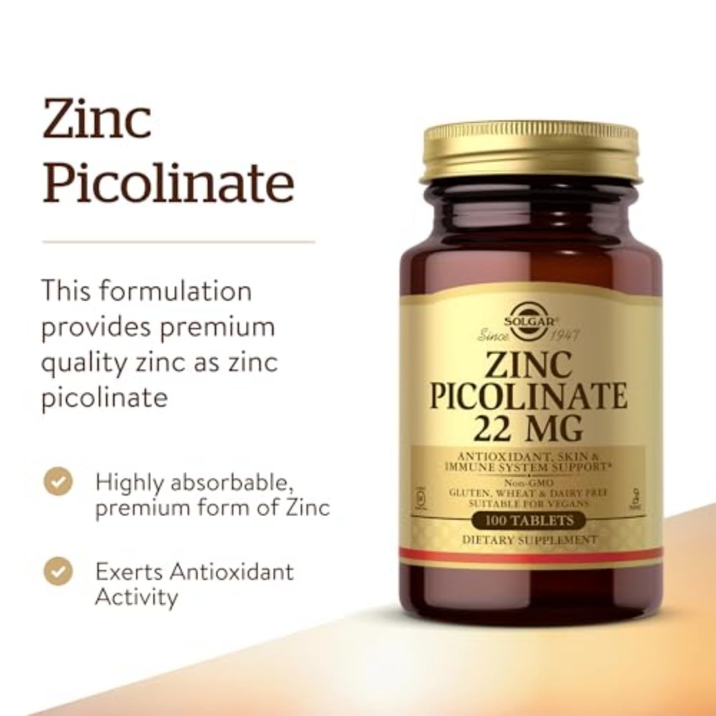 Solgar Zinc Picolinate 22 mg, 100 Tablets - Promotes Healthy Skin - Supports Immune System, Normal Taste & Vision - Antioxidant – Non-GMO, Vegan