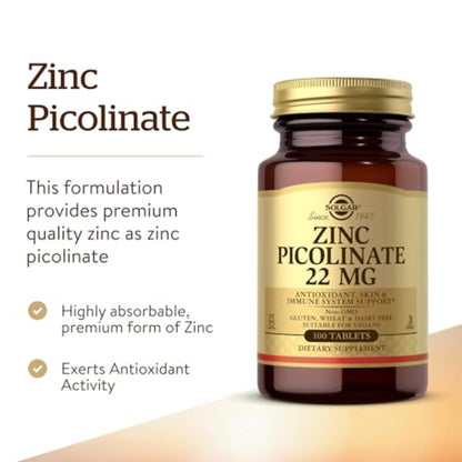Solgar Zinc Picolinate 22 mg, 100 Tablets - Promotes Healthy Skin - Supports Immune System, Normal Taste & Vision - Antioxidant – Non-GMO, Vegan