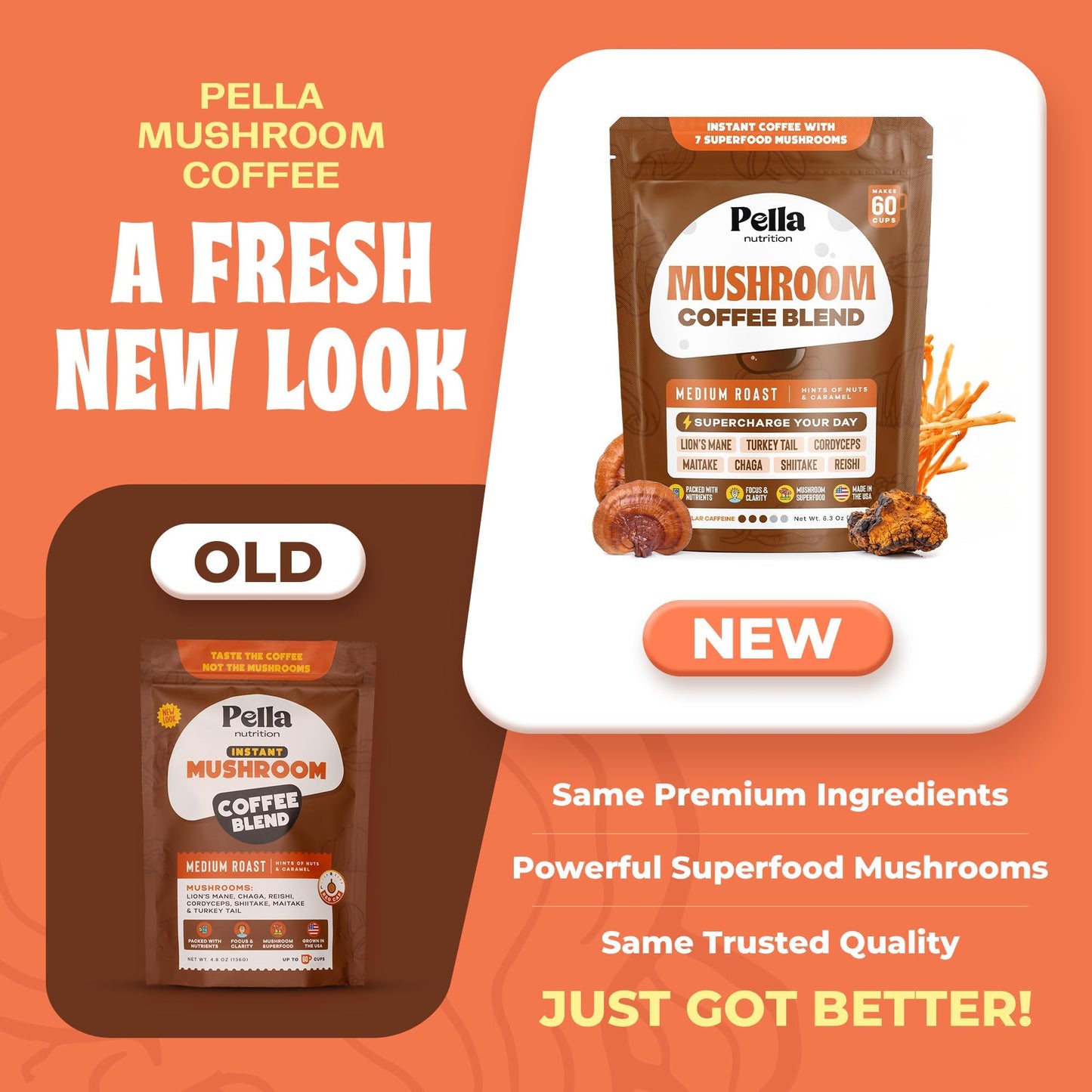 Pella Nutrition Mushroom Coffee – Lions Mane, Reishi, Chaga, Cordyceps, Shiitake, Maitake, and Turkey Tail Mushroom Supplement – Superfood Instant