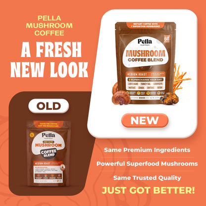 Pella Nutrition Mushroom Coffee – Lions Mane, Reishi, Chaga, Cordyceps, Shiitake, Maitake, and Turkey Tail Mushroom Supplement – Superfood Instant