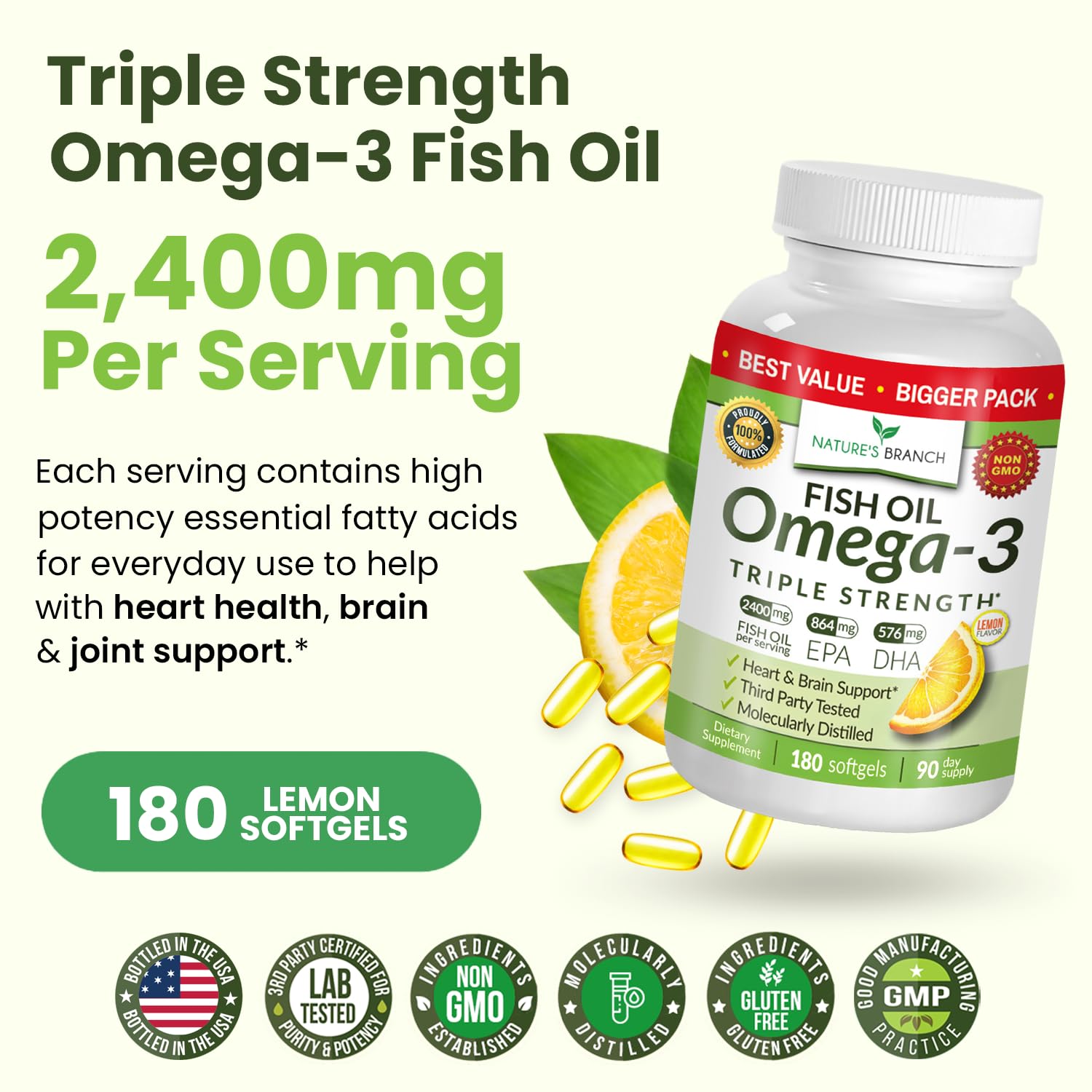 Triple Strength Omega 3 Fish Oil Supplements 2400mg | 180 Capsules, Burpless High Potency Lemon Flavor, High EPA DHA for Men & Women Ultra Pure Softgels | Joint Support, Eyes, Heart Brain Health Pills NATURE'S BRANCHBuy Supplements Australia