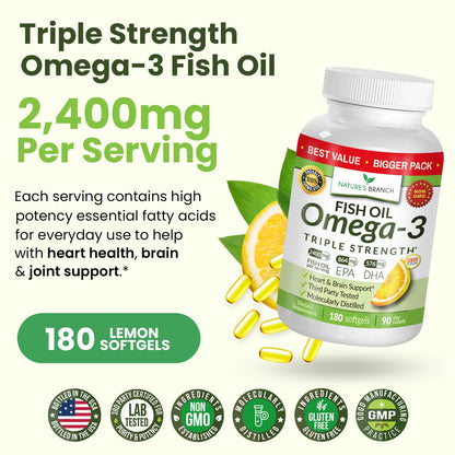 Triple Strength Omega 3 Fish Oil Supplements 2400mg | 180 Capsules, Burpless High Potency Lemon Flavor, High EPA DHA for Men & Women Ultra Pure Softgels | Joint Support, Eyes, Heart Brain Health Pills NATURE'S BRANCHBuy Supplements Australia