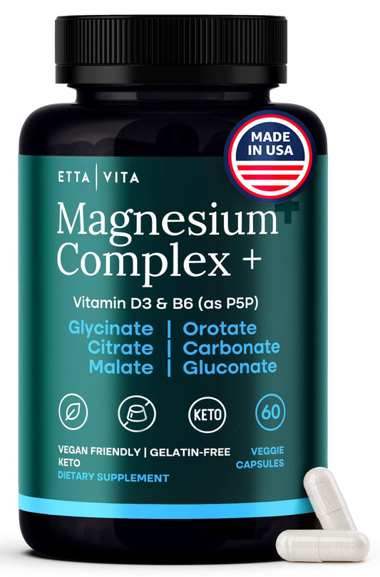 Supplement bottle labeled 'Magnesium Complex+' by Etta Vita with a white capsule on a light background.