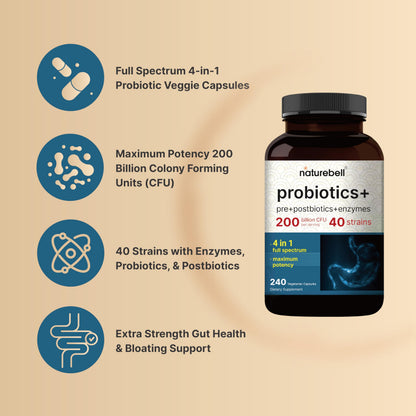 NatureBell Probiotic 200 Billion CFU – 40 Strains Per Serving | 240 Veggie Capsules with Prebiotics and Probiotics – Full Spectrum Complex with Enzymes