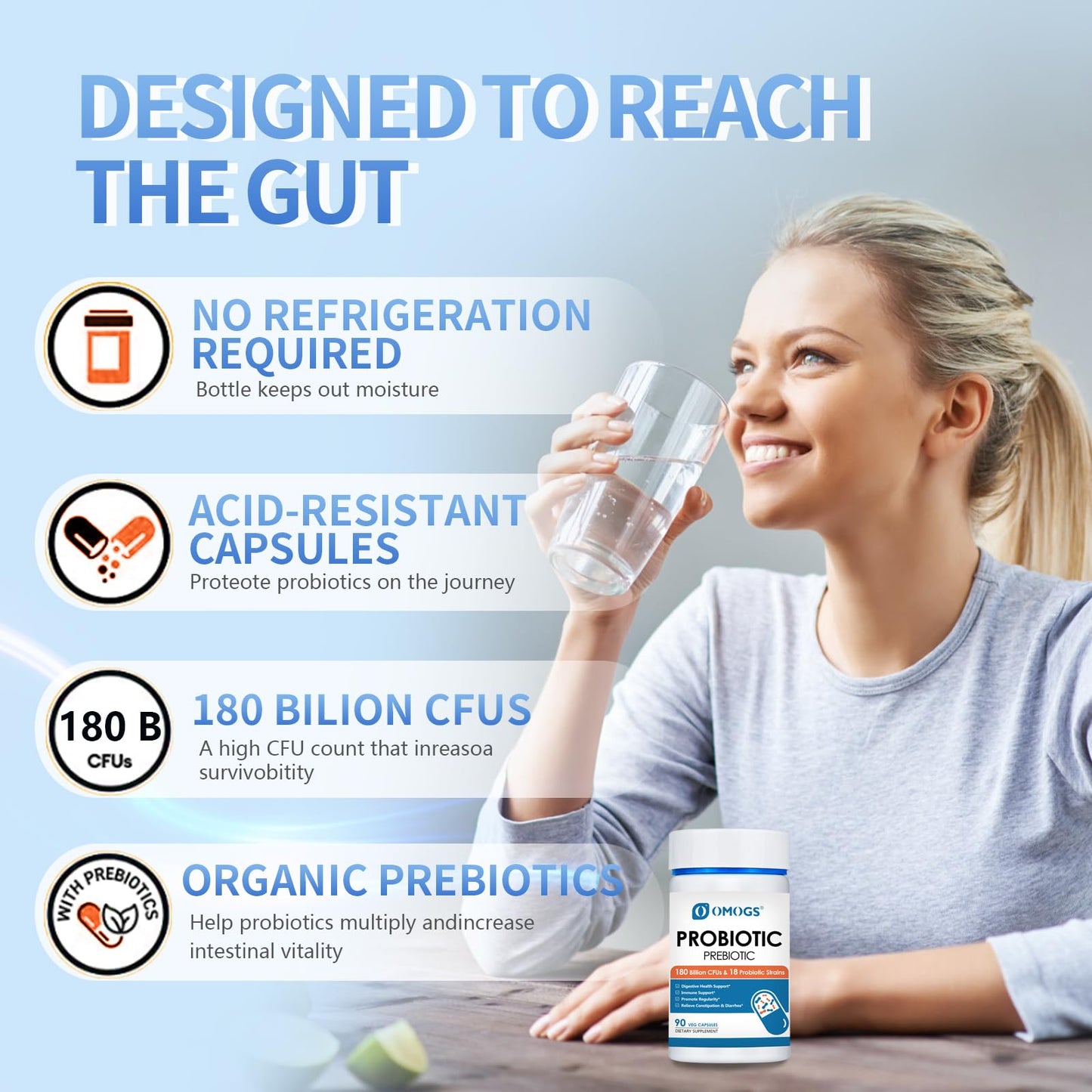 OMOGS Probiotics 180 Billion CFUs 18 Strains, 3 Prebiotics, Helps Digestive, Gut Health, Immune, Supports Occasional Constipation, Diarrhea & Gas