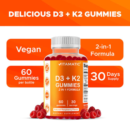 Vitamatic Vitamin D3 & K2 Gummies (2-Pack, 60 Count) Supports Healthy Bones, Heart Health, Calcium Absorption,