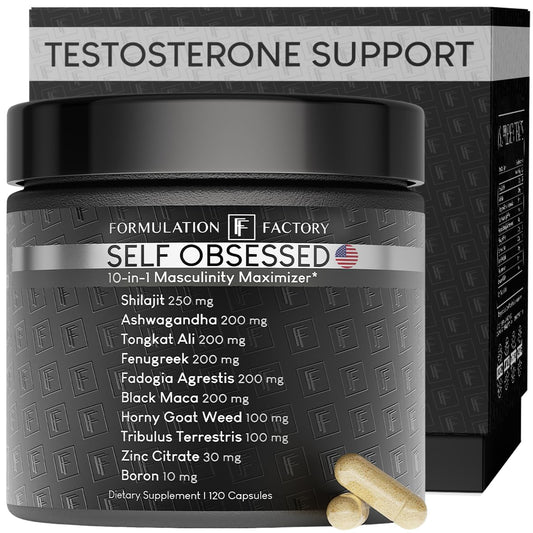 Self Obsessed Masculine Vitality & Testosterone Support - 10-in-1 Complex with Shilajit, Tongkat Ali, & Fadogia Agrestis - 120 Capsules, 2 Month Supply (120 Count (Pack of 1), Self Obsessed) Formulation FactoryBuy Supplements Australia