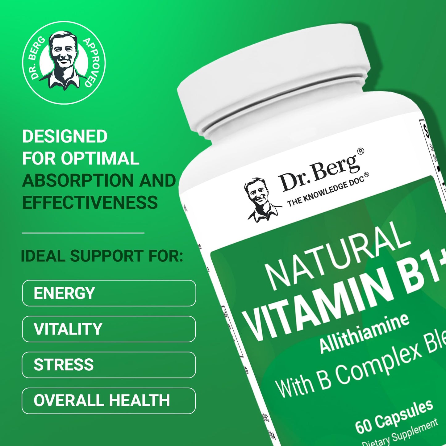 Dr. Berg Natural Vitamin B1 B6 B12 Complex - Allithiamine Vitamin B1 Supplement with 8 Essential Vitamin B Complex for Men & Women Including Thiamin