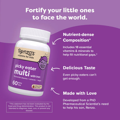 Renzo's Picky Eater Kids Multivitamin with Iron - Dissolvable Kids Vitamins with Iron, Zinc, Vitamin C, Vitamin D, E & K, Sugar-Free Melty Tabs, Cherry Flavor