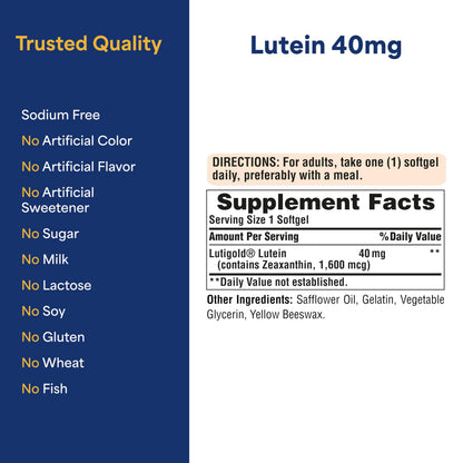 Puritan's Pride Premium Lutigold™ Lutein Carotenoid 40mg with Zeaxanthin for Men and Women, Dietary Supplement for Eye Health Support