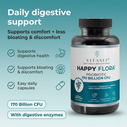 VITASEI Happy Flora Probiotic Supplement – 170 Billion CFU with Digestive Enzymes for Gut Health – Metabolic Support for Women and Men – 60 Capsules 1-Month Supply